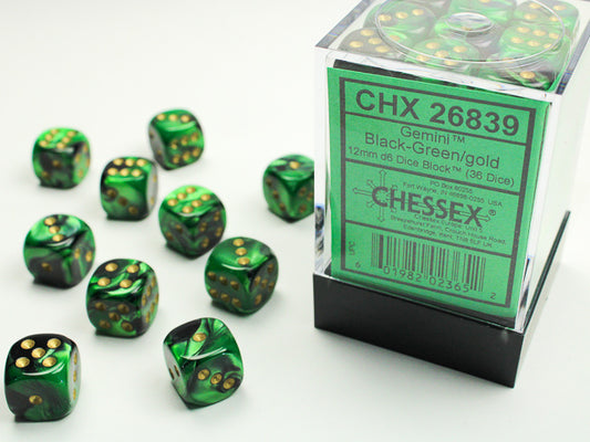 Chessex D6 Dice Brick: Gemini (Black-Green/Gold)