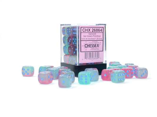 Chessex D6 Dice Brick: Gemini Luminary (Gel Green-Pink/Blue)
