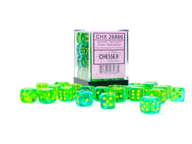 Chessex D6 Dice Brick: Gemini Translucent (Green-Teal/Yellow)