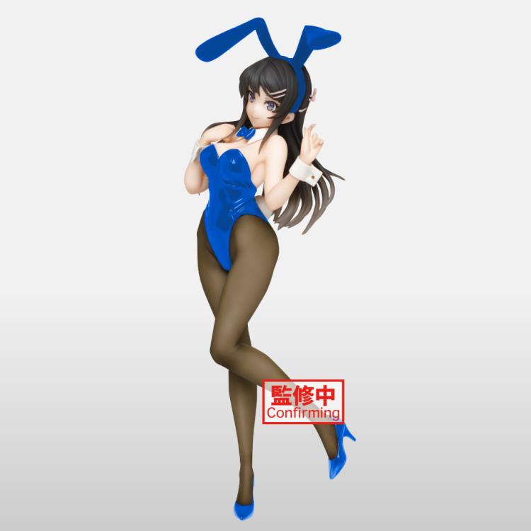 Anime style figure of a character in a bunny outfit with blue hair and white bunny ears, posed on a clear stand.
