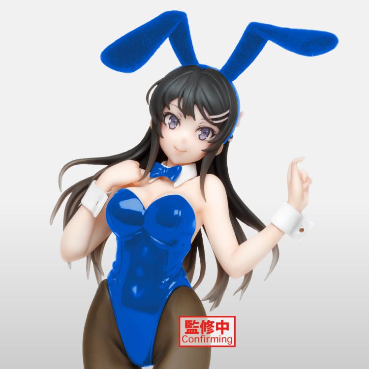 Anime style figure of a character in a bunny outfit with blue hair and white bunny ears, posed on a clear stand.