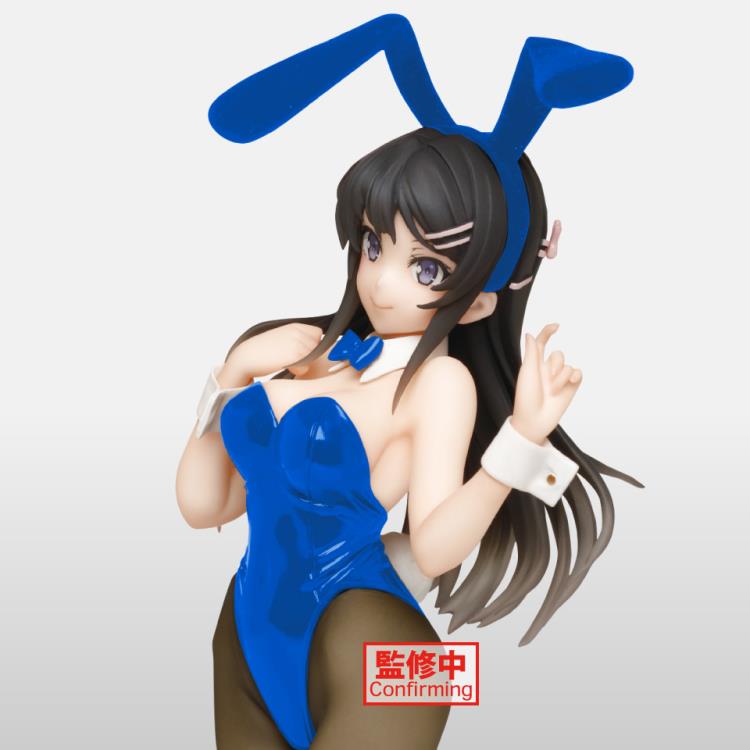 Anime style figure of a character in a bunny outfit with blue hair and white bunny ears, posed on a clear stand.
